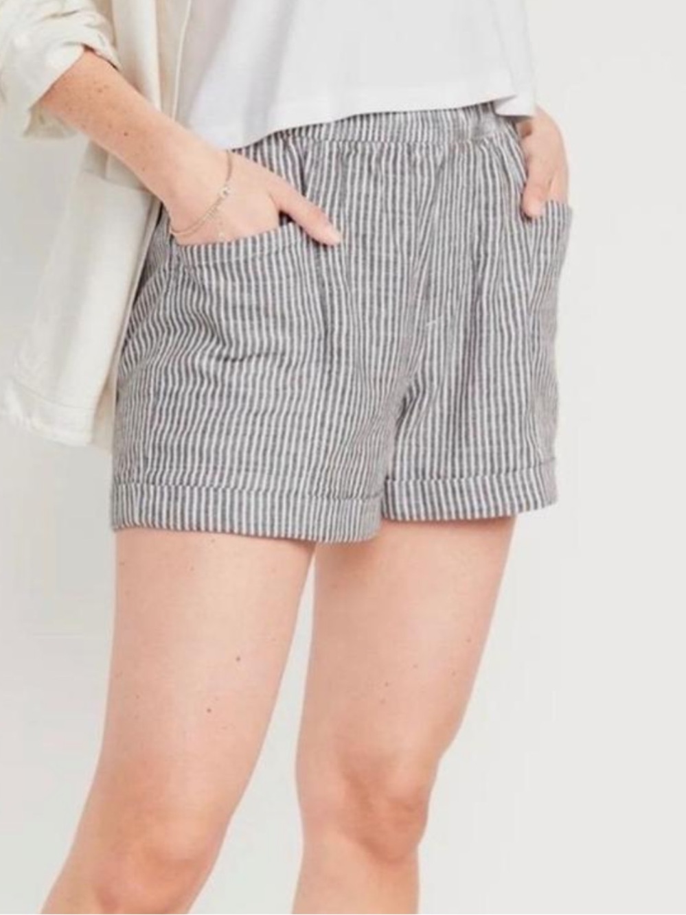 Old Navy Black & White Striped Linen-Blend Shorts